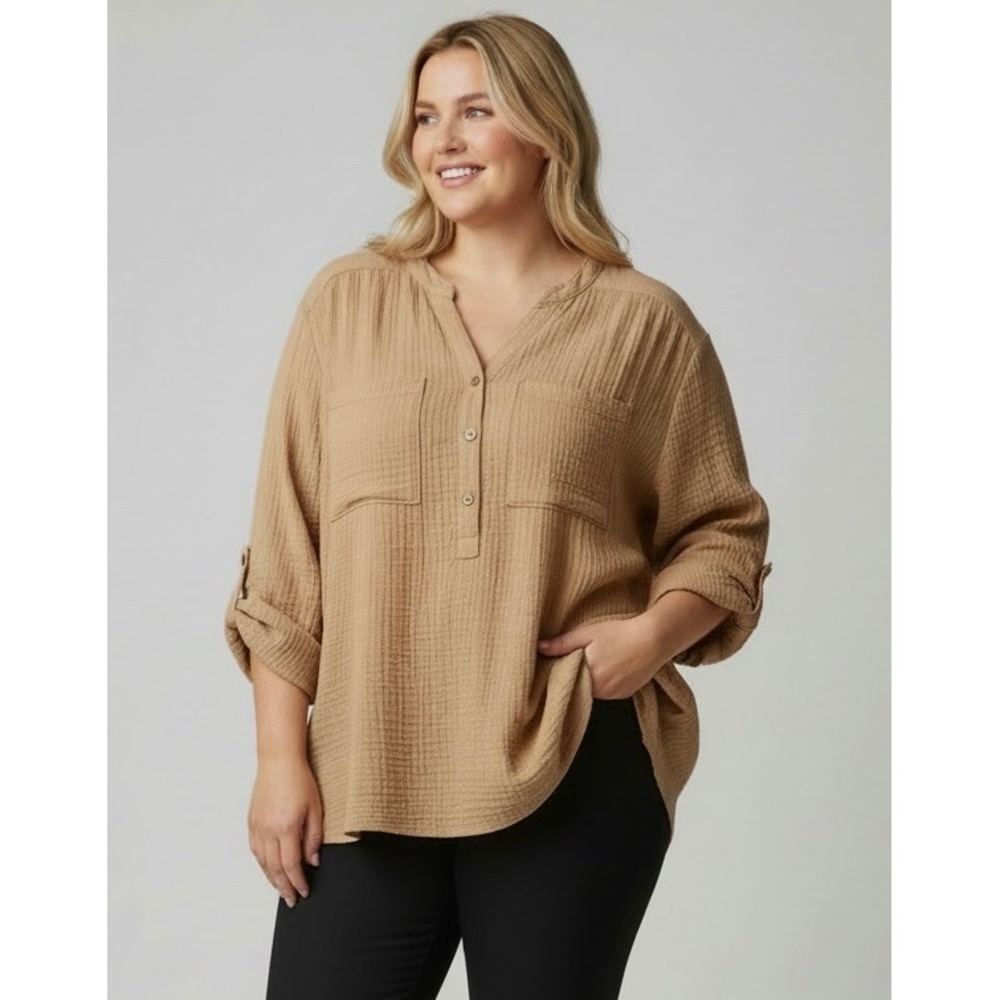 Torrid Harper Tan‎ Plus Size 4X Crinkle Gauze Tunic Blouse Roll Tab Sleeve Top